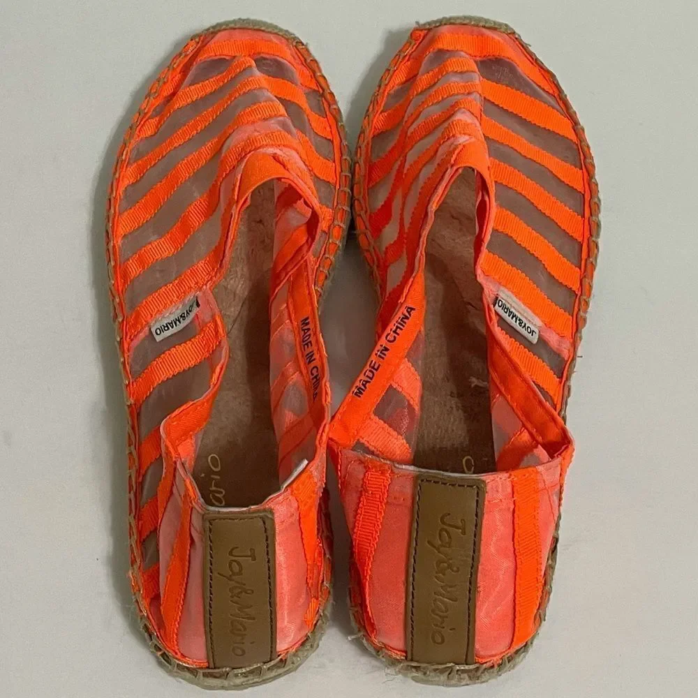 Jay & Mario Neon Orange Striped Sheer Mesh Slip On Espadrilles Size 8 New